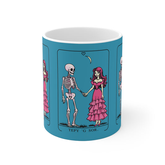 Tarot Lovers Mug — Skeleton & Pink Gown Romance Ceramic Coffee Cup (11oz & 15oz)