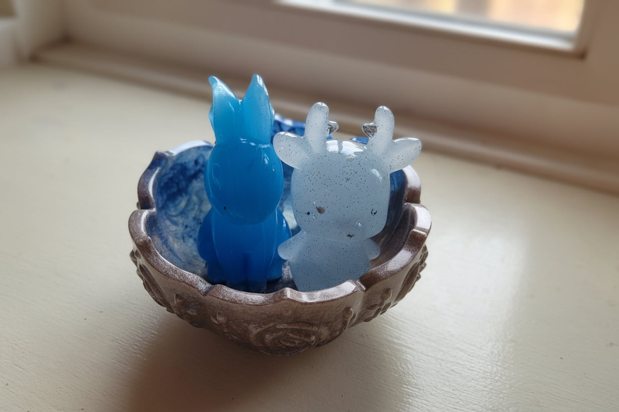 Decorative blue and silver flower-shaped  resin bowl, with small resin figures inside.