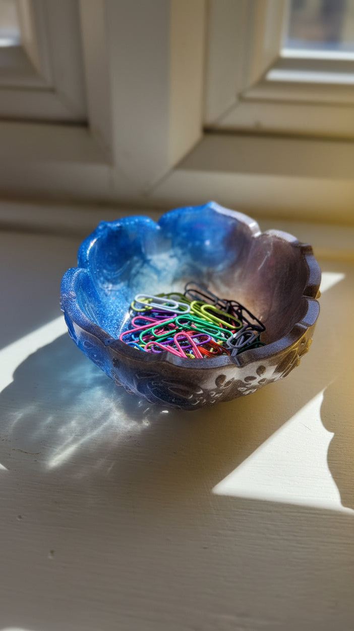 Colourful paper clips in a blue and silver resin bowl. Sun is streaming through a window.