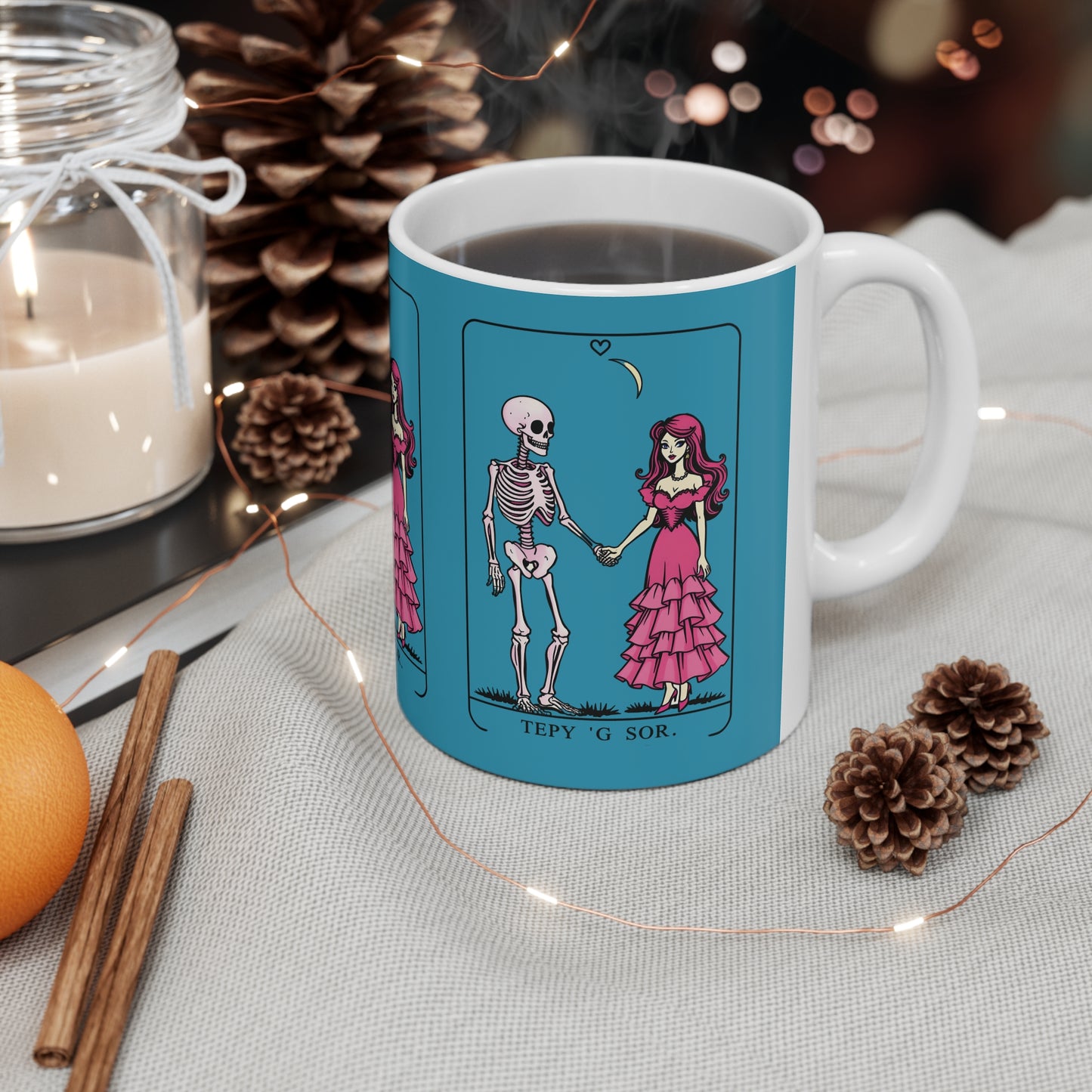 Tarot Lovers Mug — Skeleton & Pink Gown Romance Ceramic Coffee Cup (11oz & 15oz)