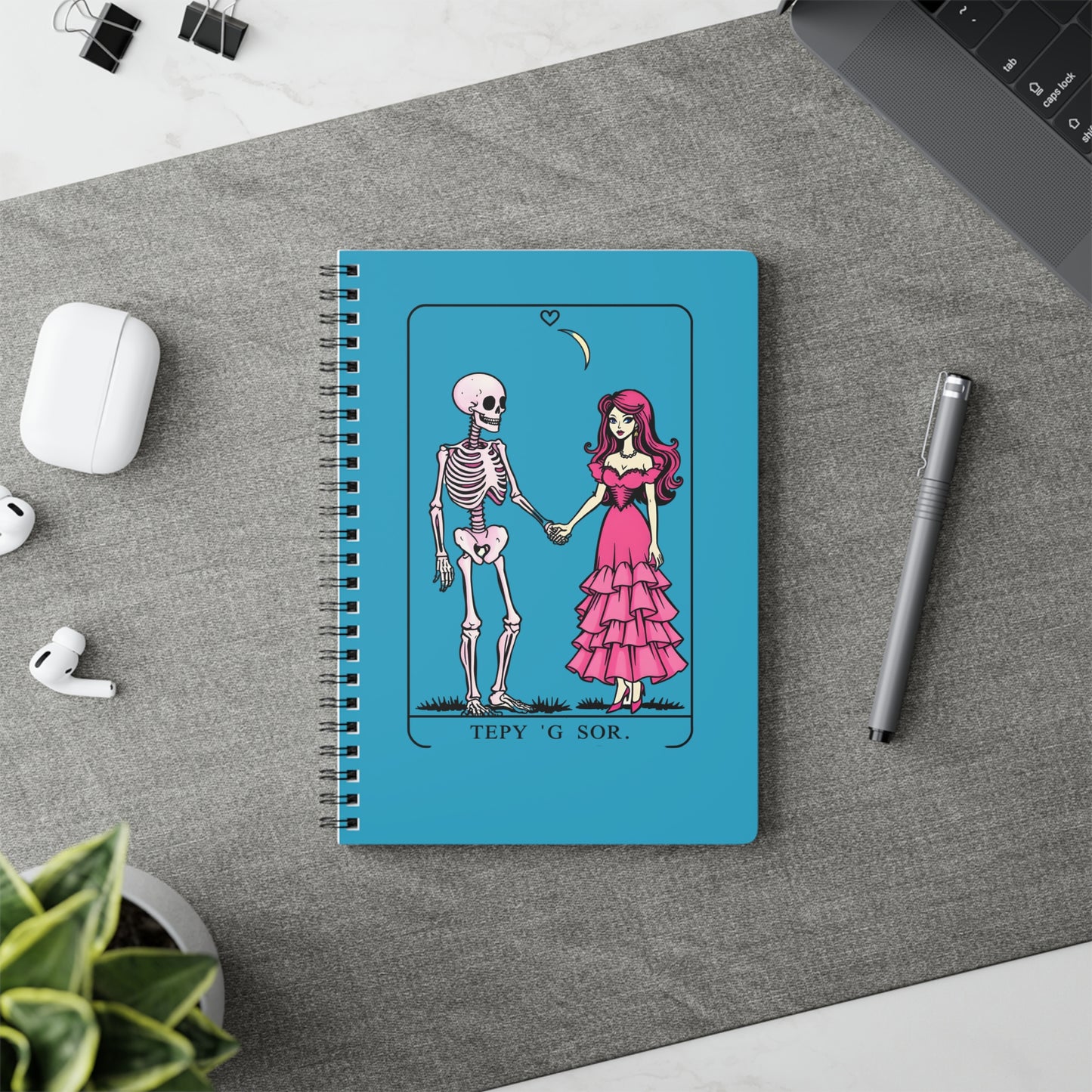 Skeleton & Lady Romance Turquoise A5 Spiral Notebook — Cute Gothic Love Journal