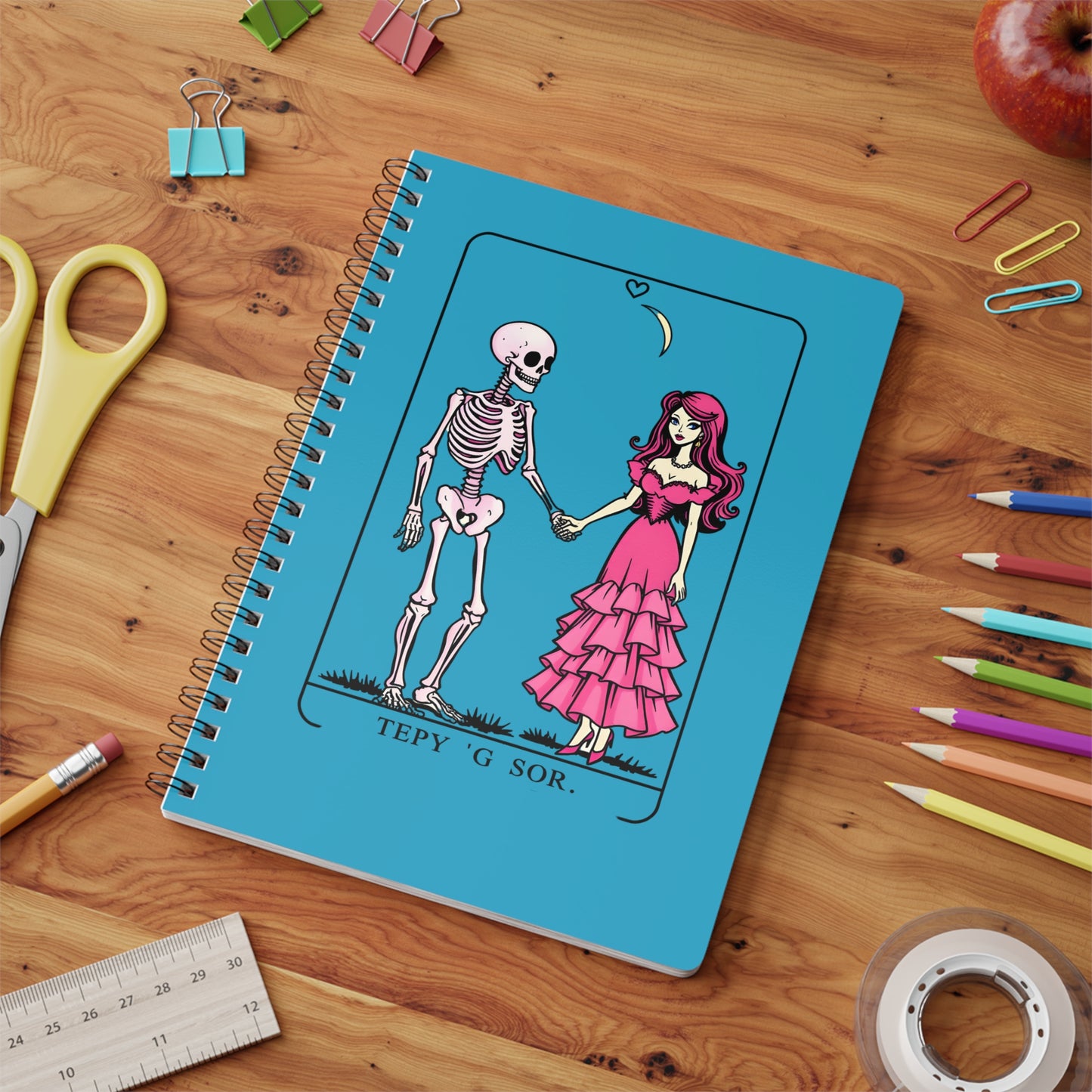 Skeleton & Lady Romance Turquoise A5 Spiral Notebook — Cute Gothic Love Journal